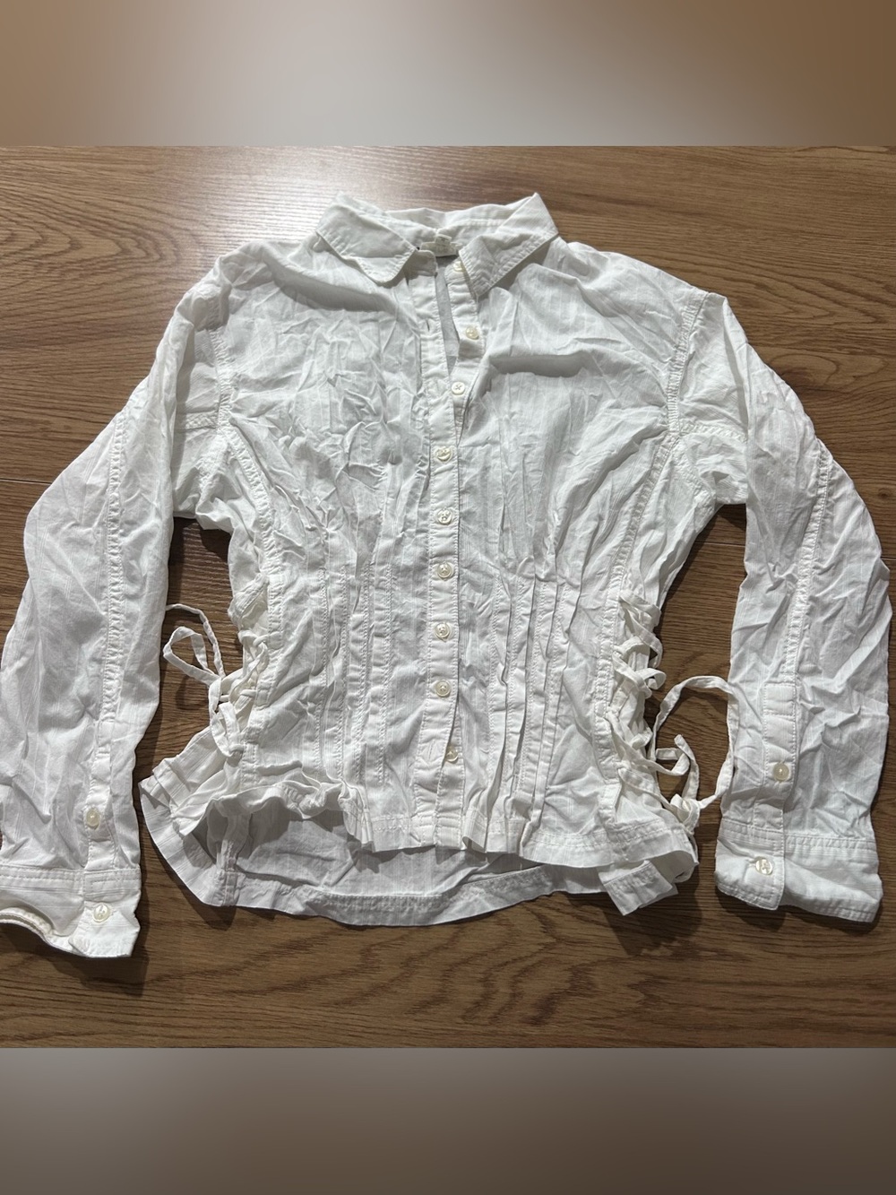 Anthropologie Pilcro Pintuck Lace-Up Waist Buttondown Blouse White - Size S EUC